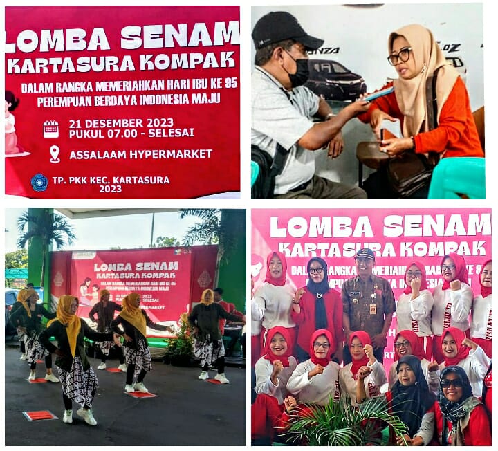 Memperingati Hari Ibu Ke 95 tahun TP (Tim Penggerak) PKK Kec.Kartasura, Kab.Sukoharjo, Prov.Jawa Tengah menyelenggarakan kegiatan Lomba Senam "Kartasura Kompak" TP PKK se Kecamatan Kartasura teesebut, di pelataran Goro Assalam Pabelan pada Kamis, 21/12/23 "Bak gayung bersambut", lomba tersebut diikuti oleh 12 TP PKK sebanyak 12 regu peserta senam berjalan lancar, sukses dan meriah.12 peserta senam ini, mewakili jumlah Desa dan Kelurahan di Kecamatan sisi barat Kabupaten Sukoharjo ini, yang letak geografisnya berbatasan dengan Kota Surakarta, Kabupaten Karanganyar, Kabupaten Klaten dan Kabupaten Boyolali.